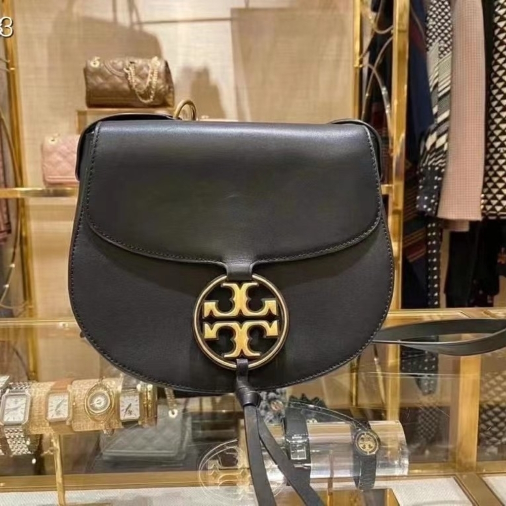 Tory Burch Miller Black Saddle Crossbody Bag with Gold Logo